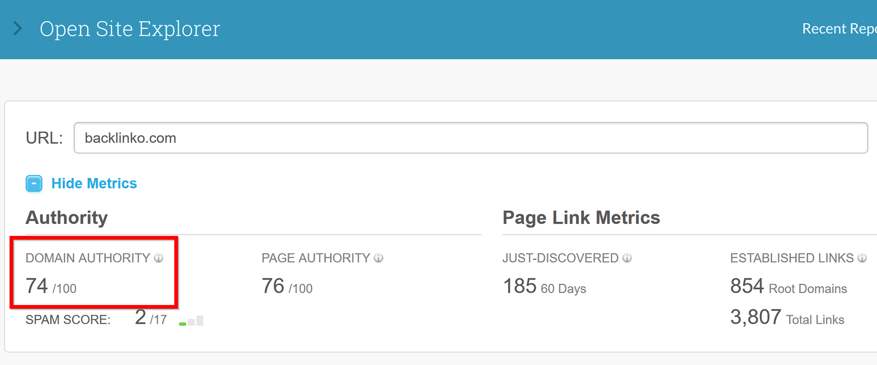sử dụng Domain Authority của MOZ
