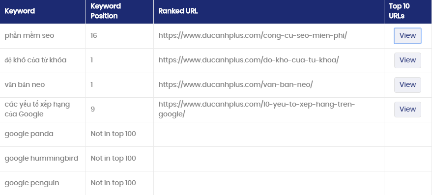 vị trí thứ hạng với các từ khóa tương ứng