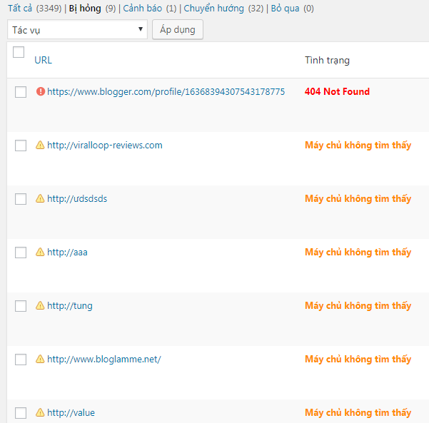 liên kết gãy, check bằng plugin