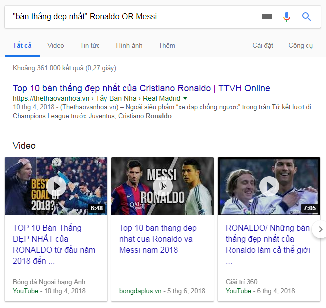 từ khóa Ronaldo đứng trước OR