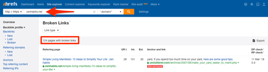 tìm các liên kết gãy trỏ ra bên ngoài của một trang