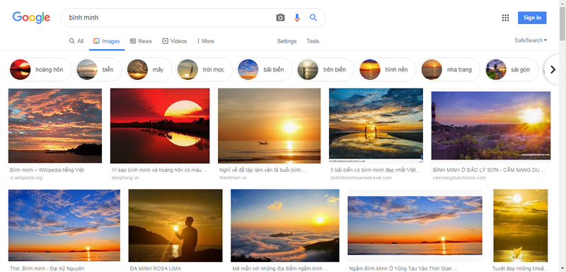 tìm kiếm bình minh trên biển bằng Google hình ảnh