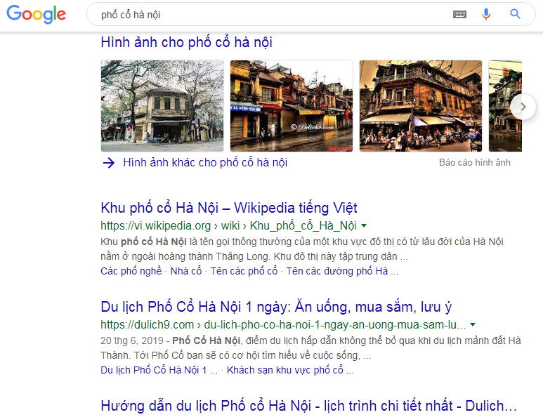 hình ảnh xuất hiện trong tìm kiếm thông thường với từ khóa phố cổ Hà Nội