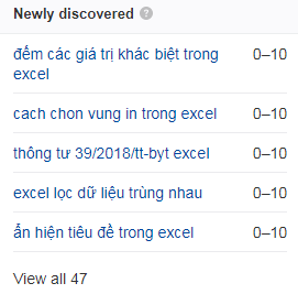 các từ khóa mới liên quan đến excel