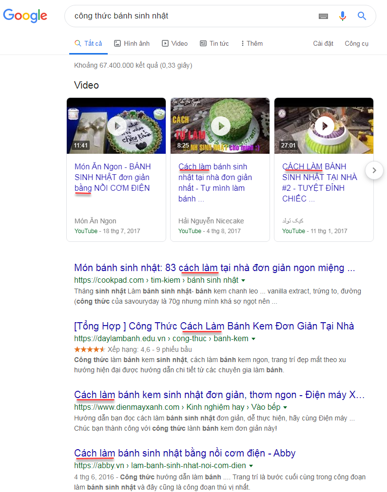 kết quả trả về với từ khóa công thức làm bánh sinh nhật