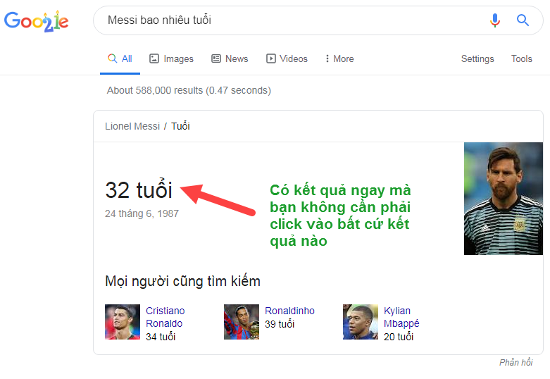 có kết quả ngay không cần click