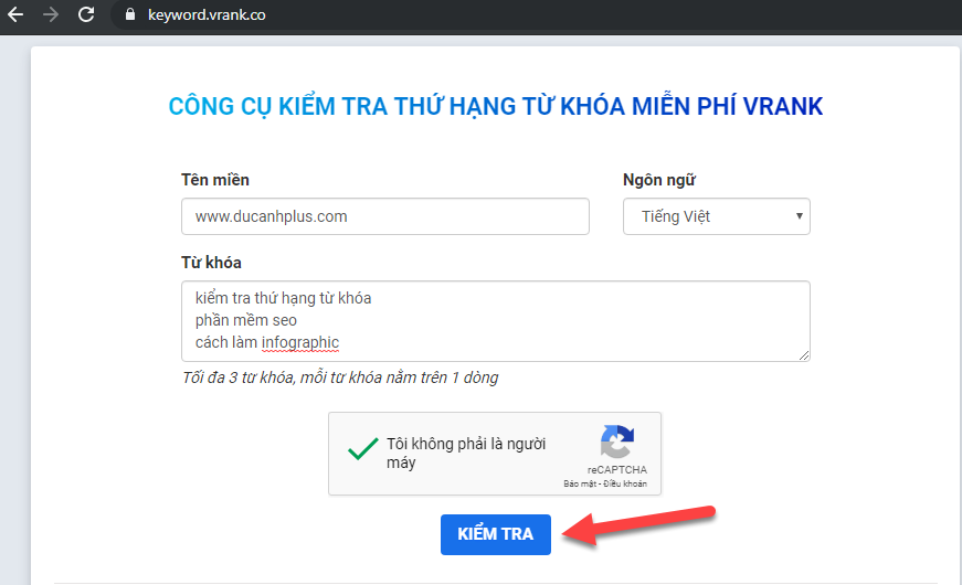 kiểm tra thứ hạng từ khóa bằng vrank