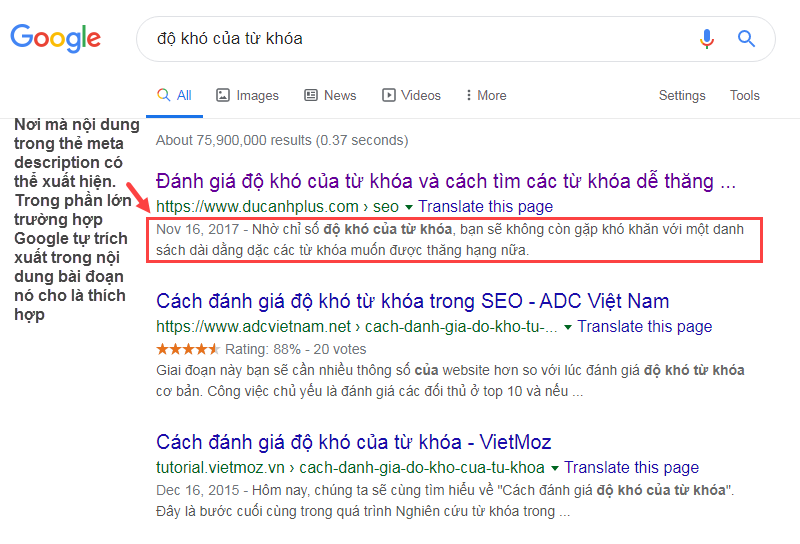 nội dung nằm trong meta description có thể hiển thị