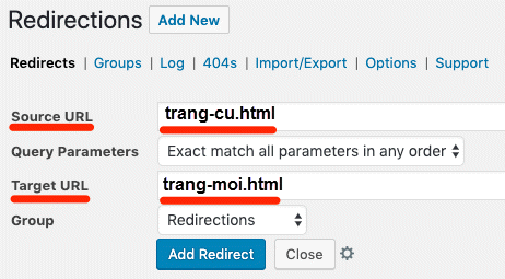 plugin redirection để chuyển hướng 301 từ trang cũ sang đường dẫn mới