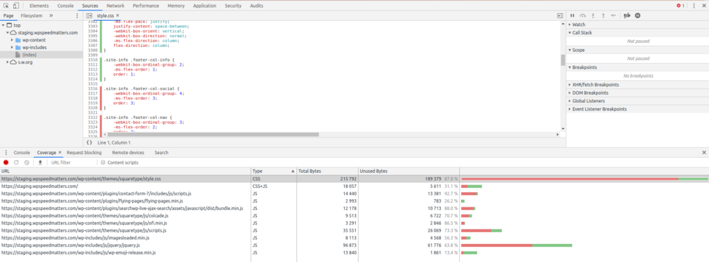CSS không sử dụng qua báo cáo của Coverage trên Chrome