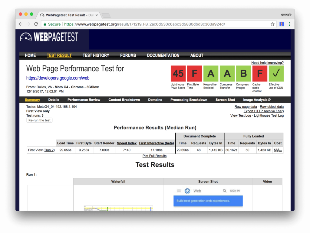 Báo cáo của WebPageTest