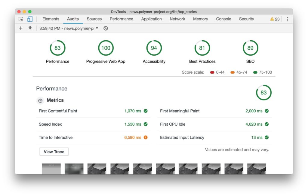 báo cáo hiệu suất của Lighthouse