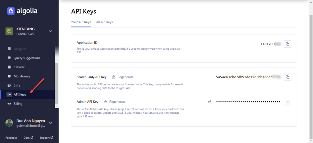 API keys của Algolia