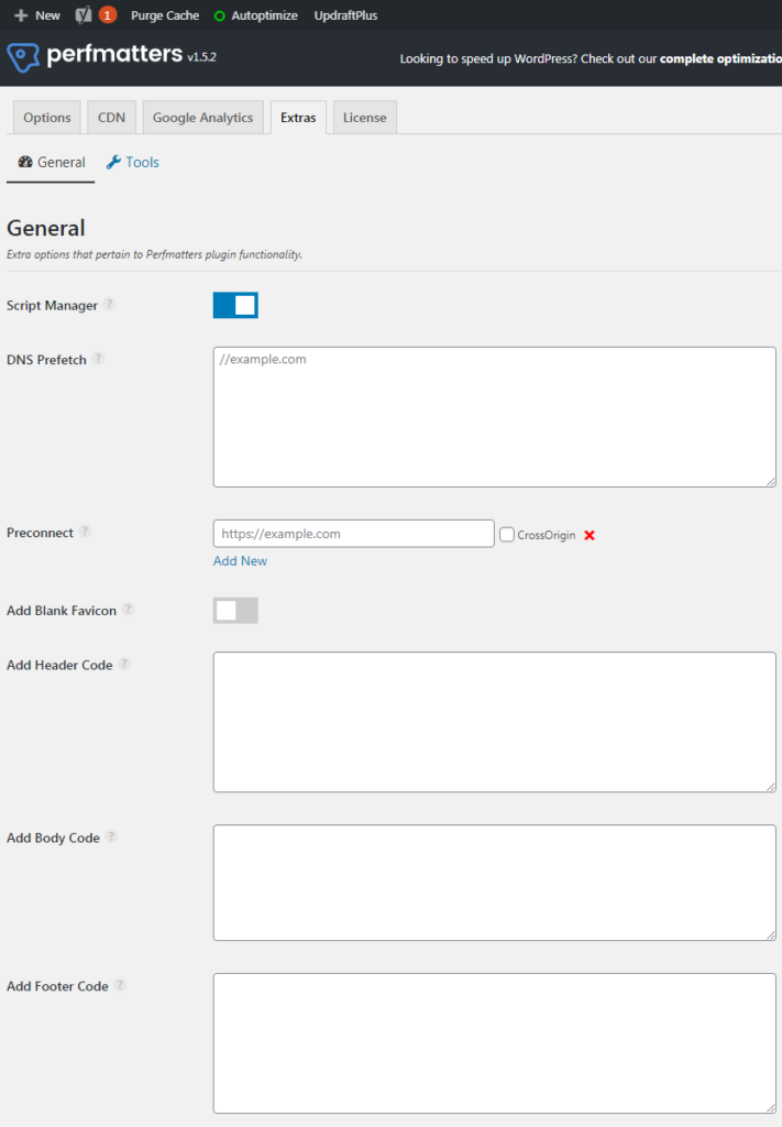 khu vực extras của plugin perfmatters