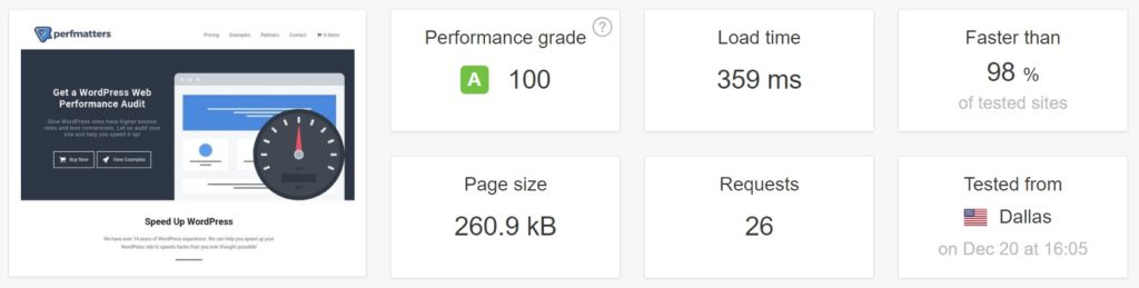 hiệu suất, tốc độ của trang perfmatters