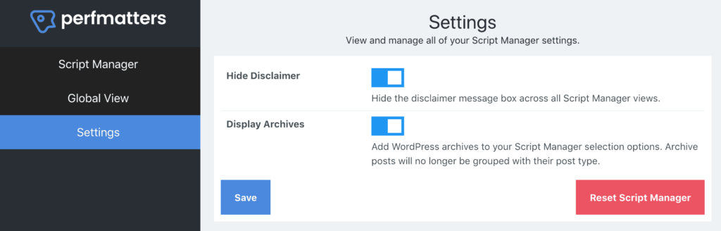 Phần settings của Perfmatters Script Manager