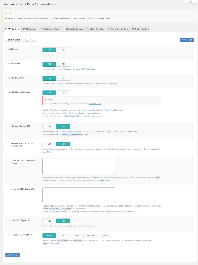 các cài đặt dành cho CSS