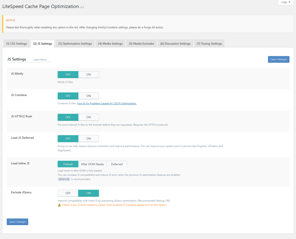 các cài đặt dành cho JavaScript