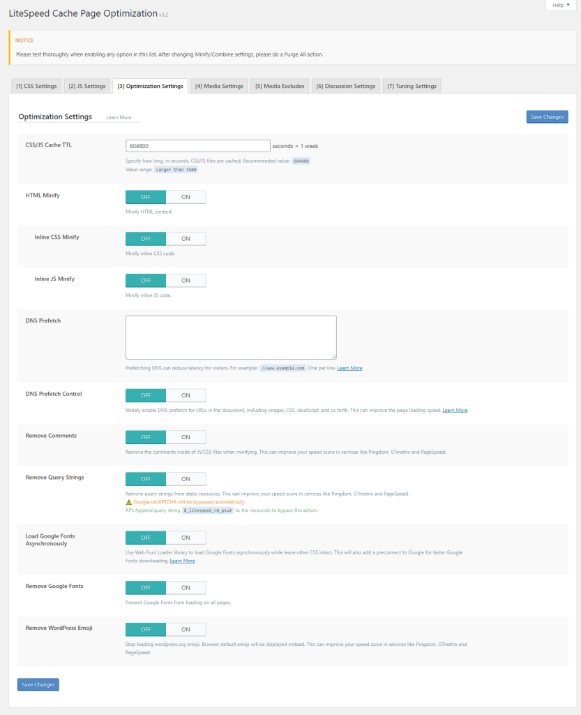 cài đặt ở tab tối ưu hóa