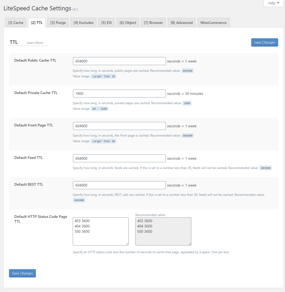 Tab TTL trong LiteSpeed cache
