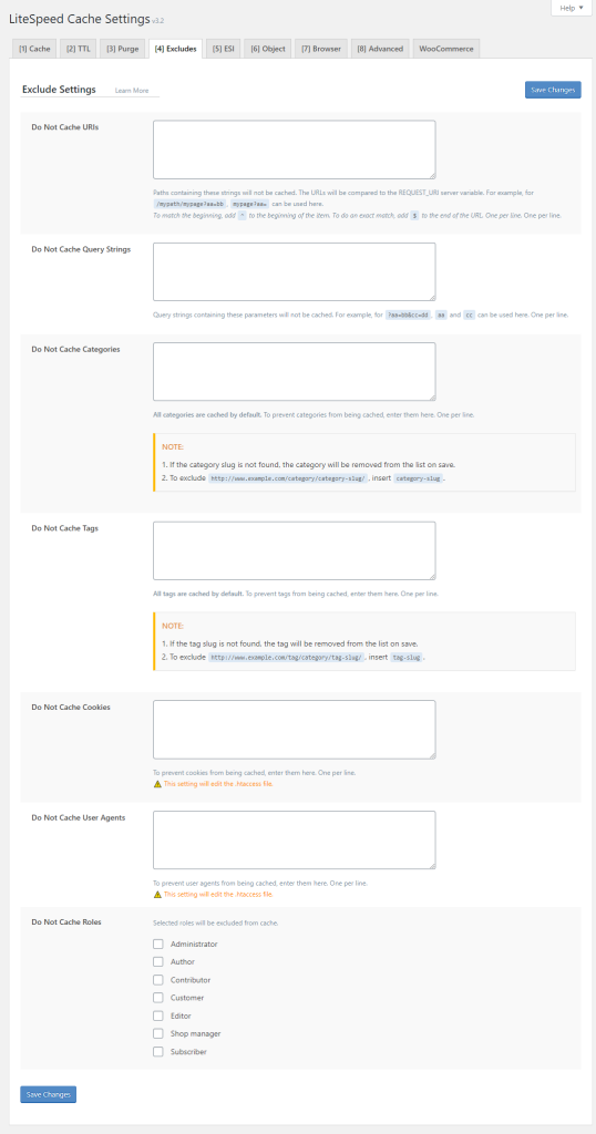 tab Excludes trong LiteSpeed cache