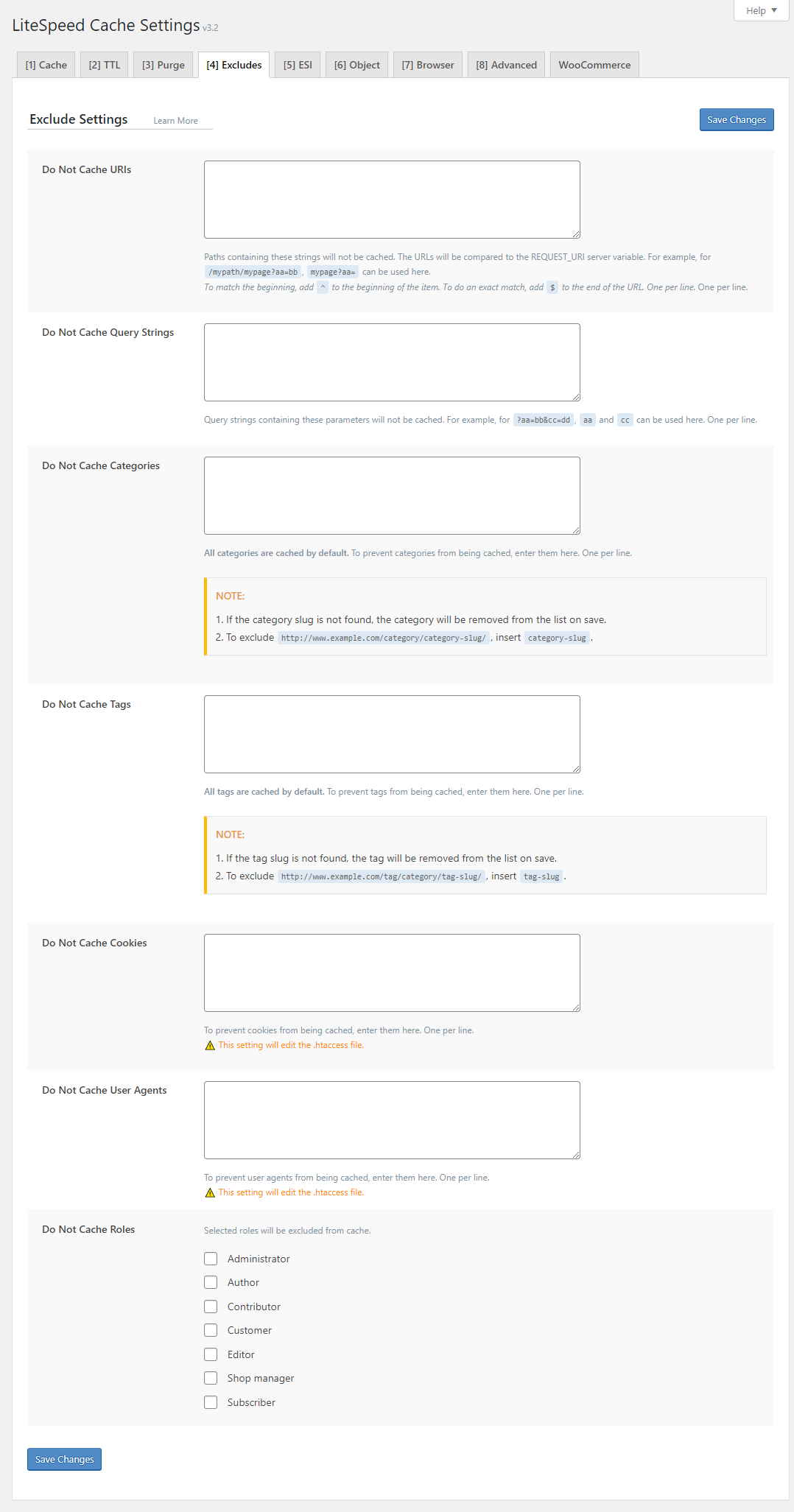 tab Excludes trong LiteSpeed cache