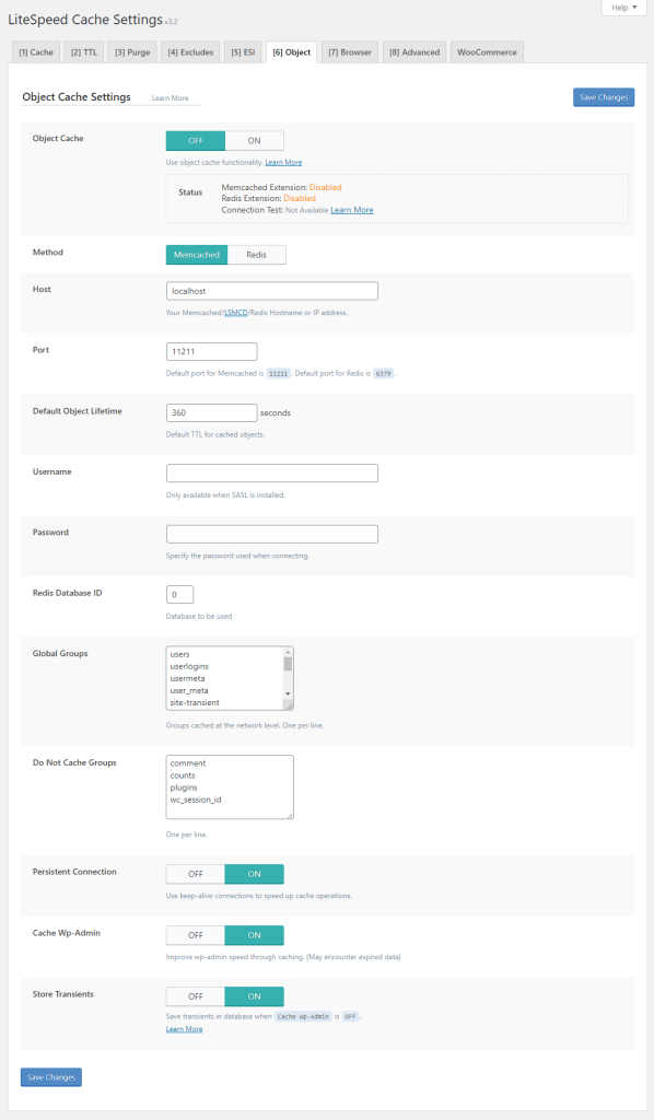 tab Object trong plugin LiteSpeed Cache