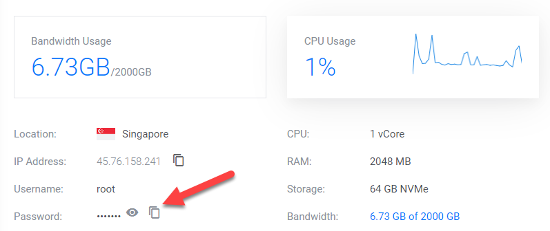 mật khẩu để vào VPS trên Vultr