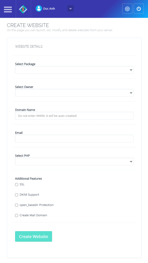 tạo website mới trong CyberPanel