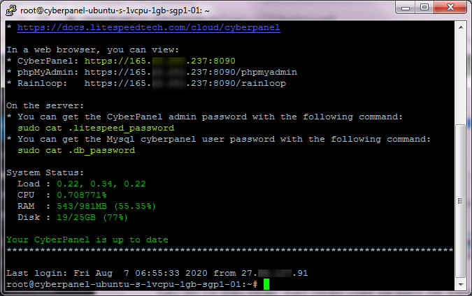 đăng nhập thành công vào console của VPS