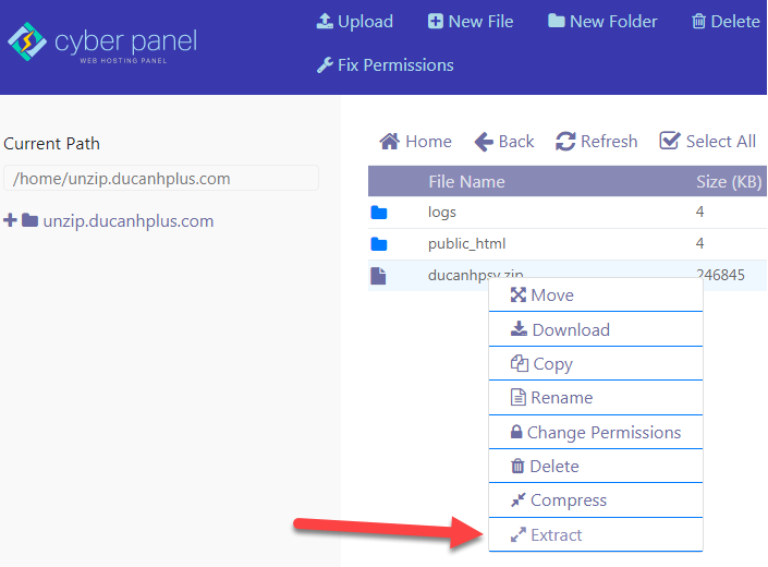 giải nén file zip thông qua control panel