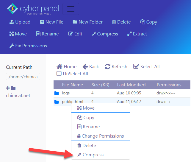 nén thư mục website trong CyberPanel