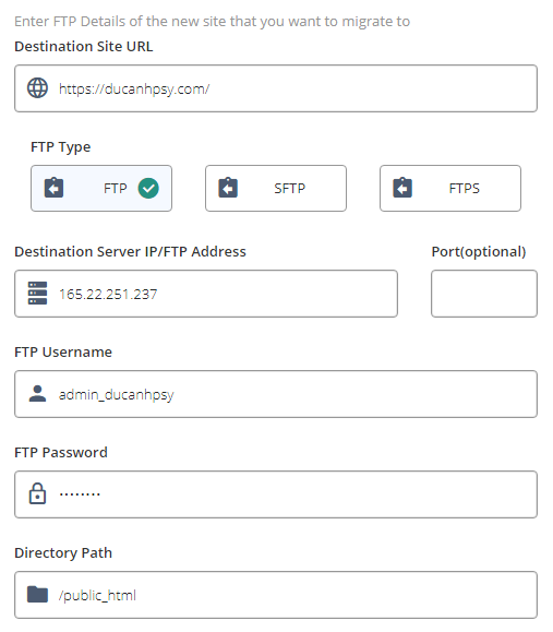nhập thông tin vào Migrate Guru