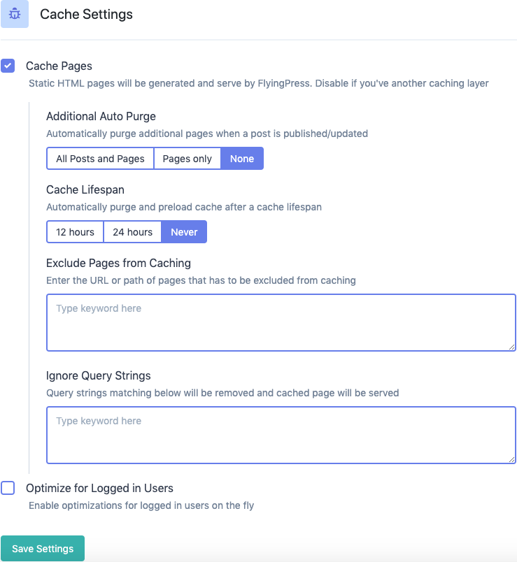 phần cài đặt cache của FlyingPress