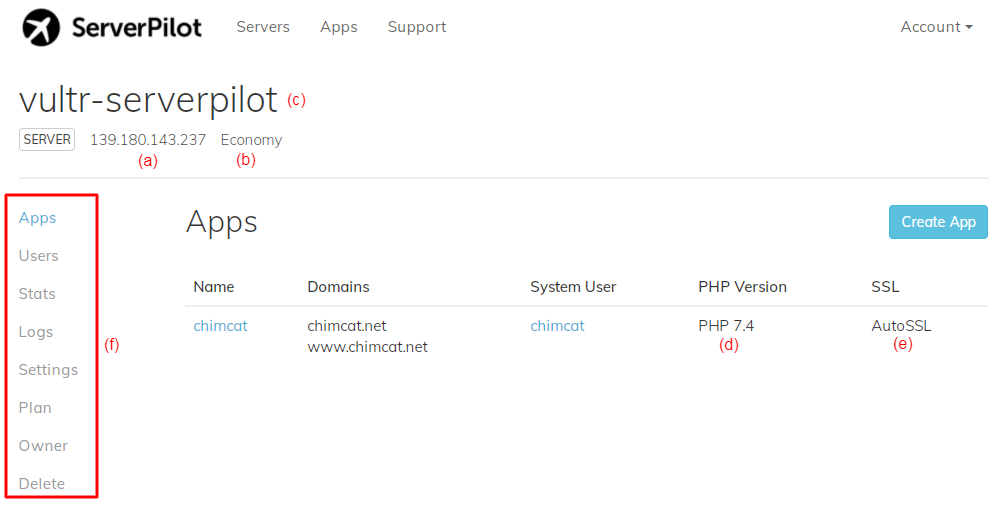 Giao diện quản trị của ServerPilot