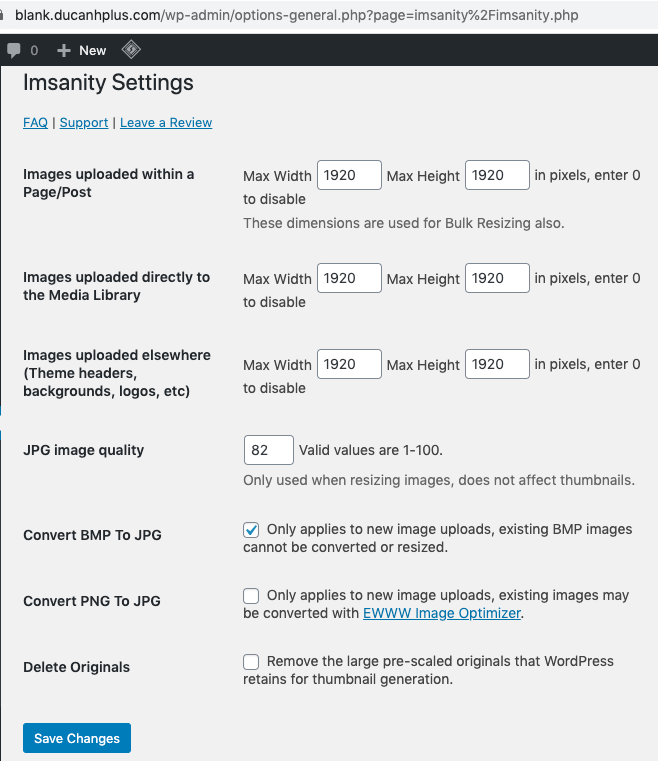 phần cài đặt của Imsanity