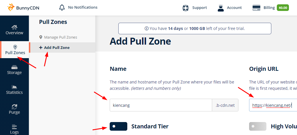 thêm pull zone cho website
