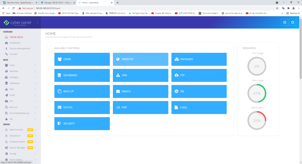 đăng nhập CyberPanel thành công