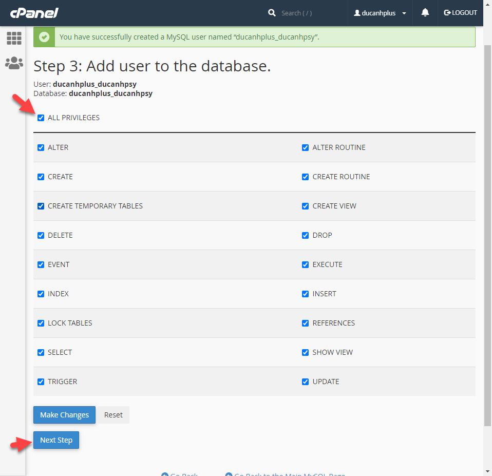 xác nhận quyền của user với database