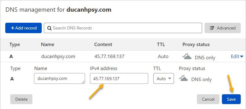 nhập IP của hosting mới cho tên miền