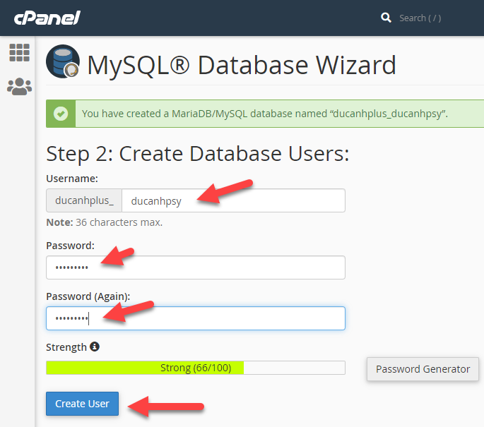 tạo username và password cho database