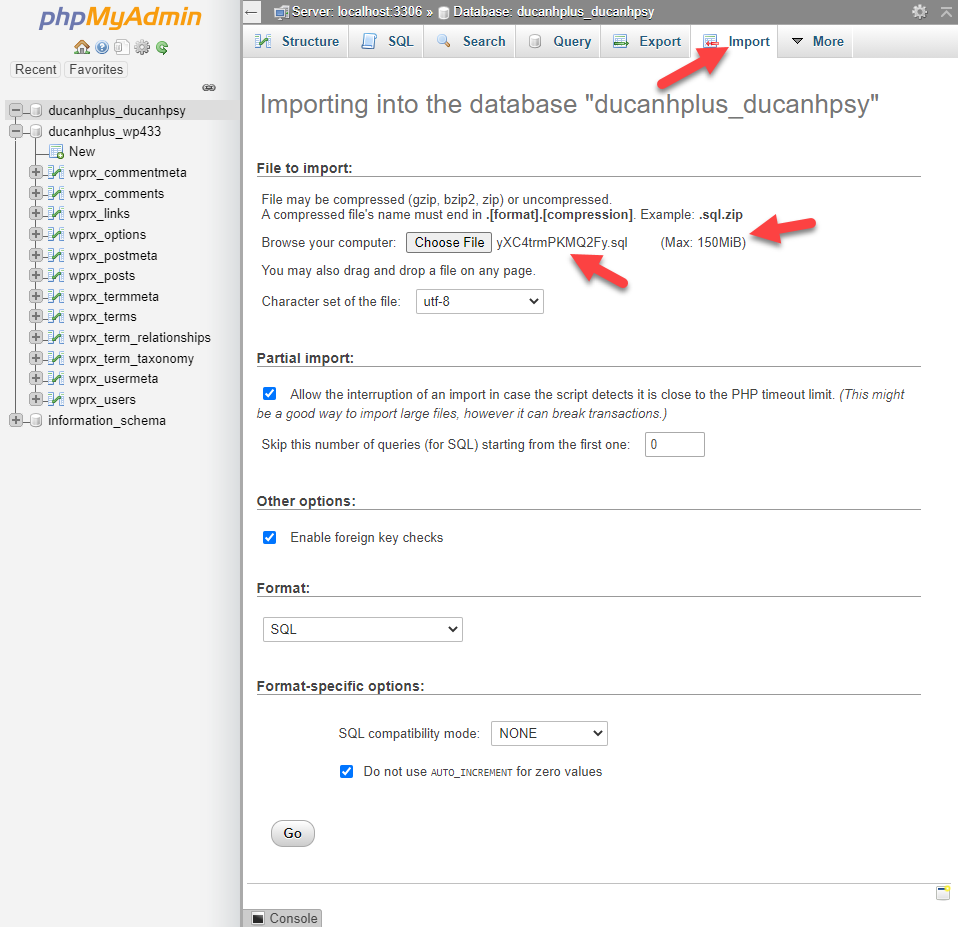 Nhập database của website lên hosting mới