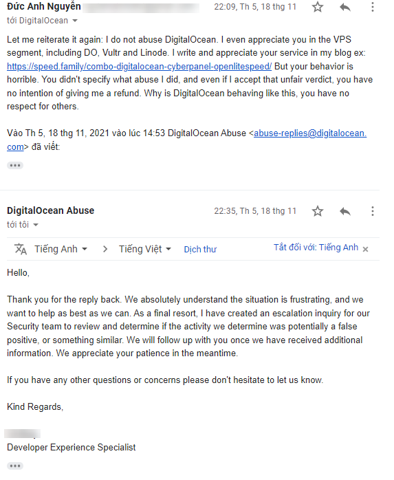 thư phản hồi của DO về việc gỡ block tài khoản