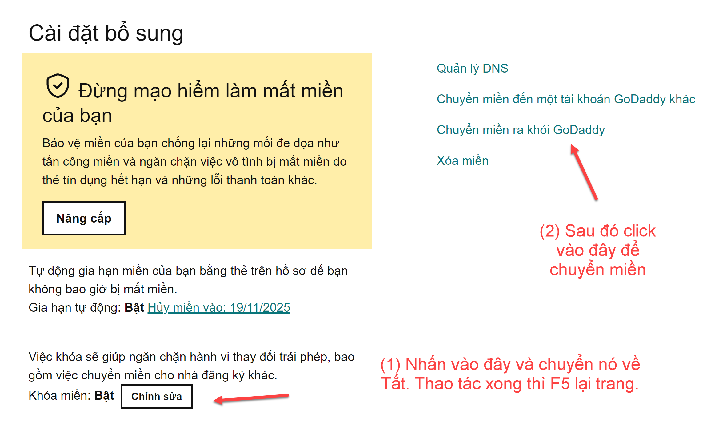 thao tác chuyển miền ra khỏi Godaddy