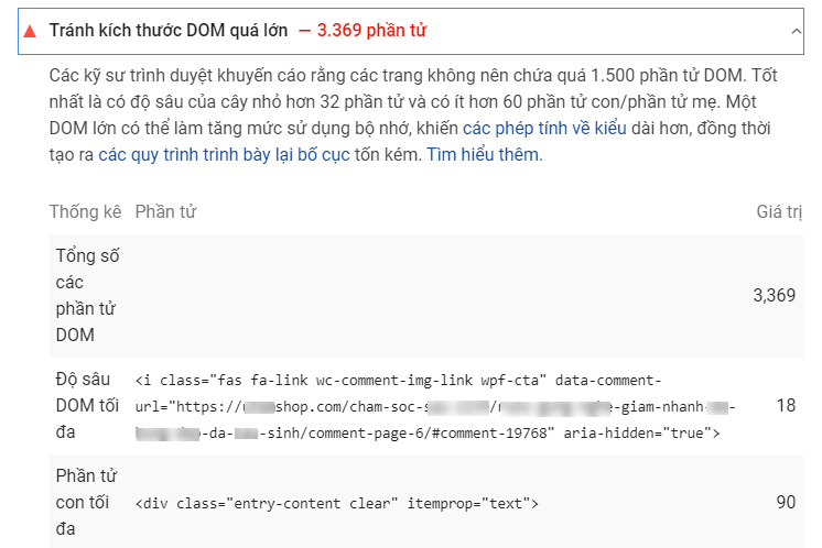 kích thước DOM quá lớn