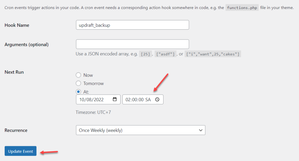Điều chỉnh thời gian backup