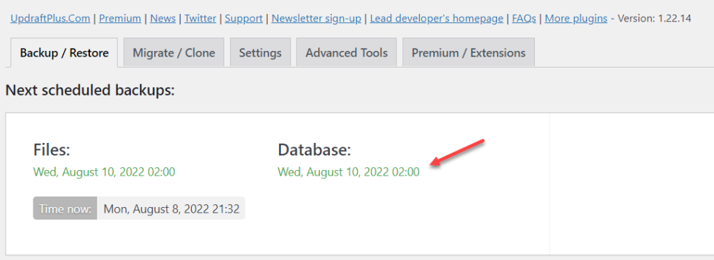 Thời gian backup mới của plugin UpdraftPlus