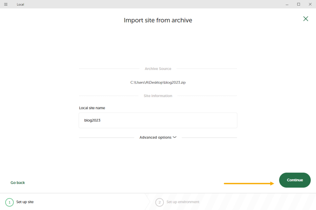 Chọn tên site rồi nhấn Continue