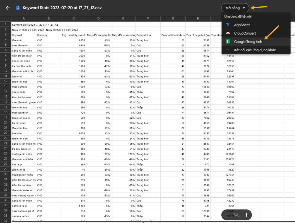 Mở bằng Google Trang Tính