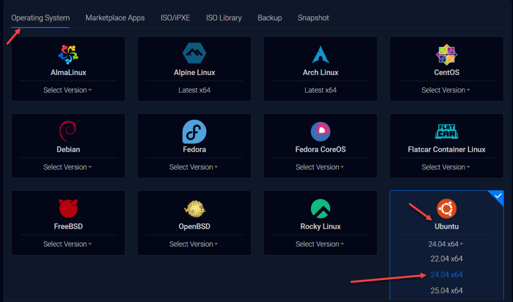 Chọn hệ điều hành Ubuntu & phiên bản 24.04 x64